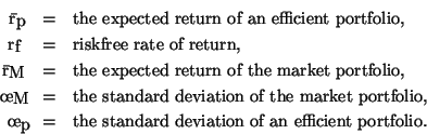 \begin{eqnarray*}\bar{r}_p & = & \text{the expected return of an efficient portf...
... & = & \text{the standard deviation of an efficient portfolio.}
\end{eqnarray*}