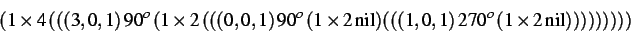 \begin{displaymath}
(1\times 4\, (((3,0,1)\, 90^{o}\, (1\times 2\, (((0,0,1)\, 9...
... {nil})(((1,0,1)\, 270^{o}\, (1\times 2\, \text {nil})))))))))
\end{displaymath}